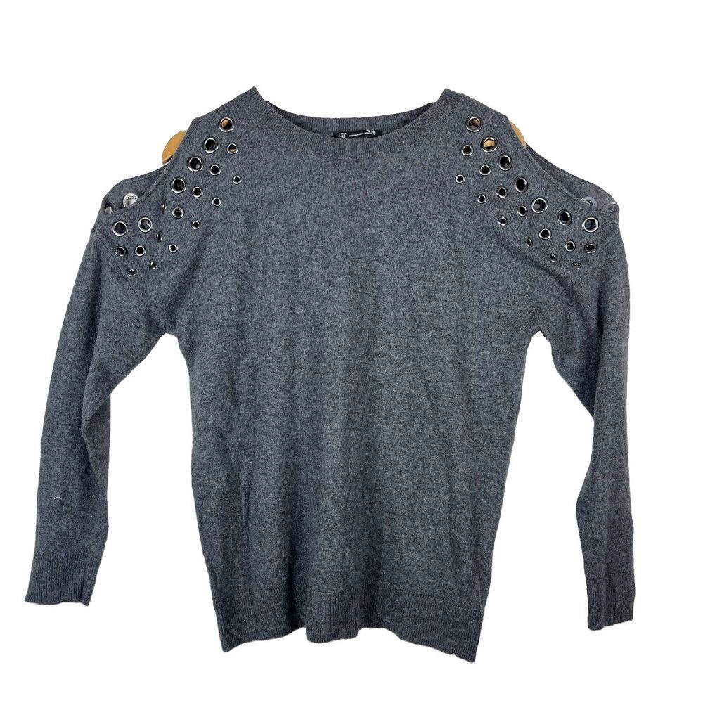 INC Cashmere Silk Wool Gray Cold Shoulder Grommet Knit Sweater Women’s L - Picture 10 of 16